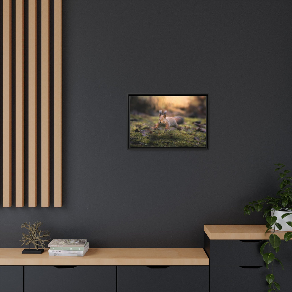 Framed Matte Canvas – Red Squirrel in Mossy Forest Wall Art