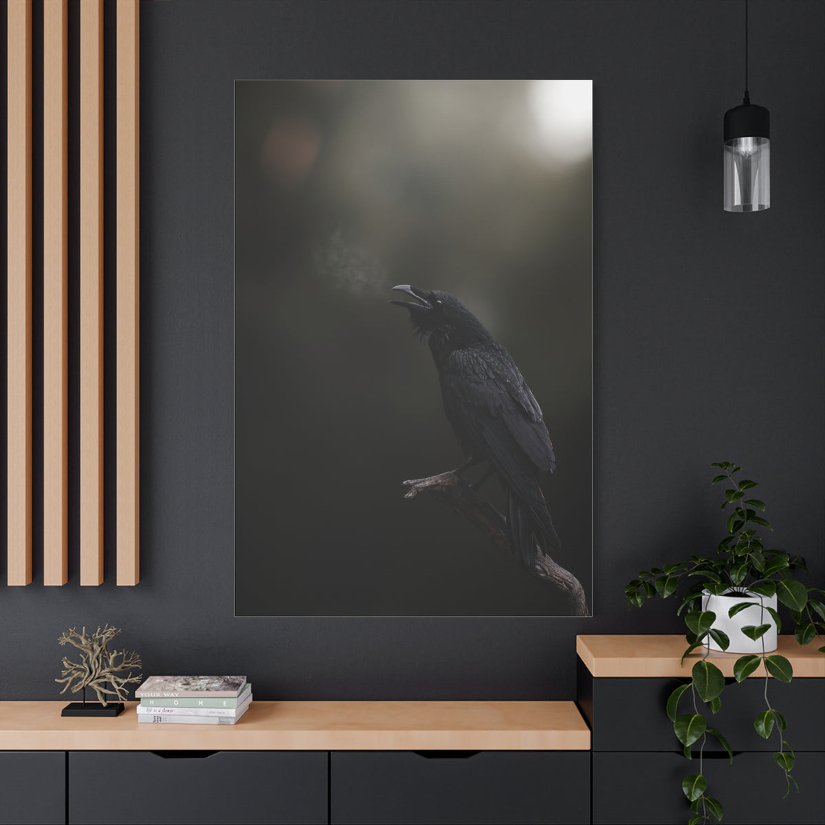Raven Perched Matte Canvas Wall Art — Moody Dark Nature Photography