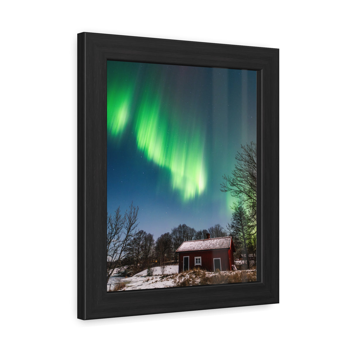 Framed Poster — Northern Lights Over Snowy Cabin Wall Art