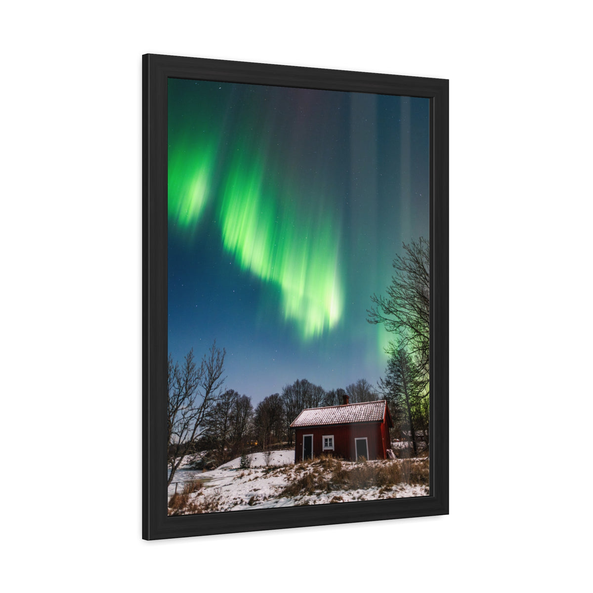 Framed Poster — Northern Lights Over Snowy Cabin Wall Art