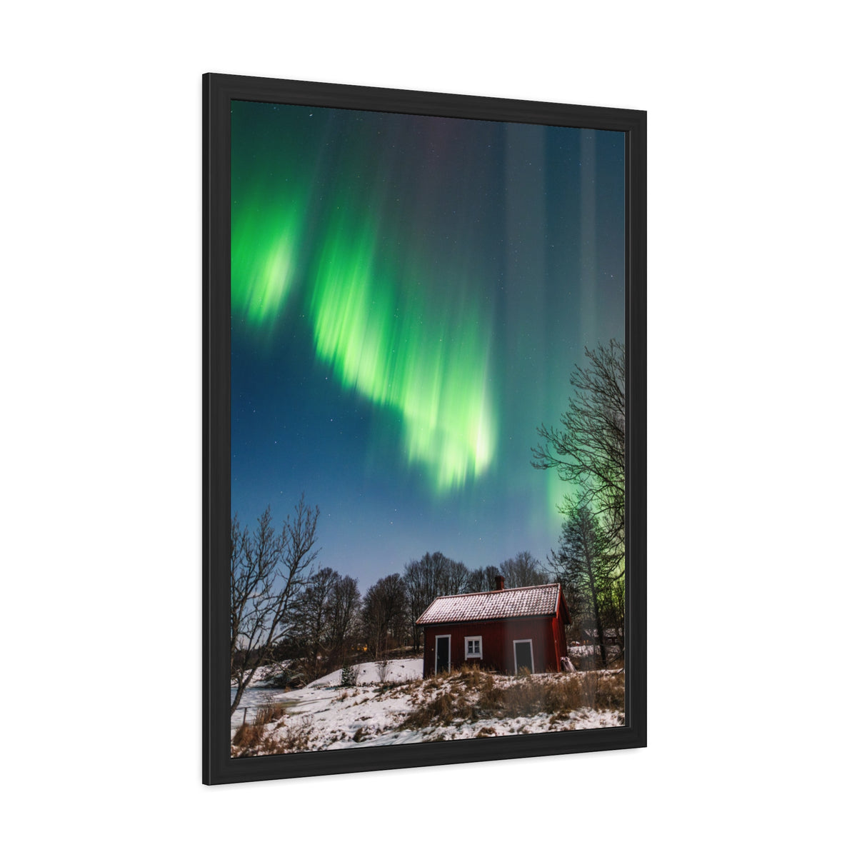 Framed Poster — Northern Lights Over Snowy Cabin Wall Art