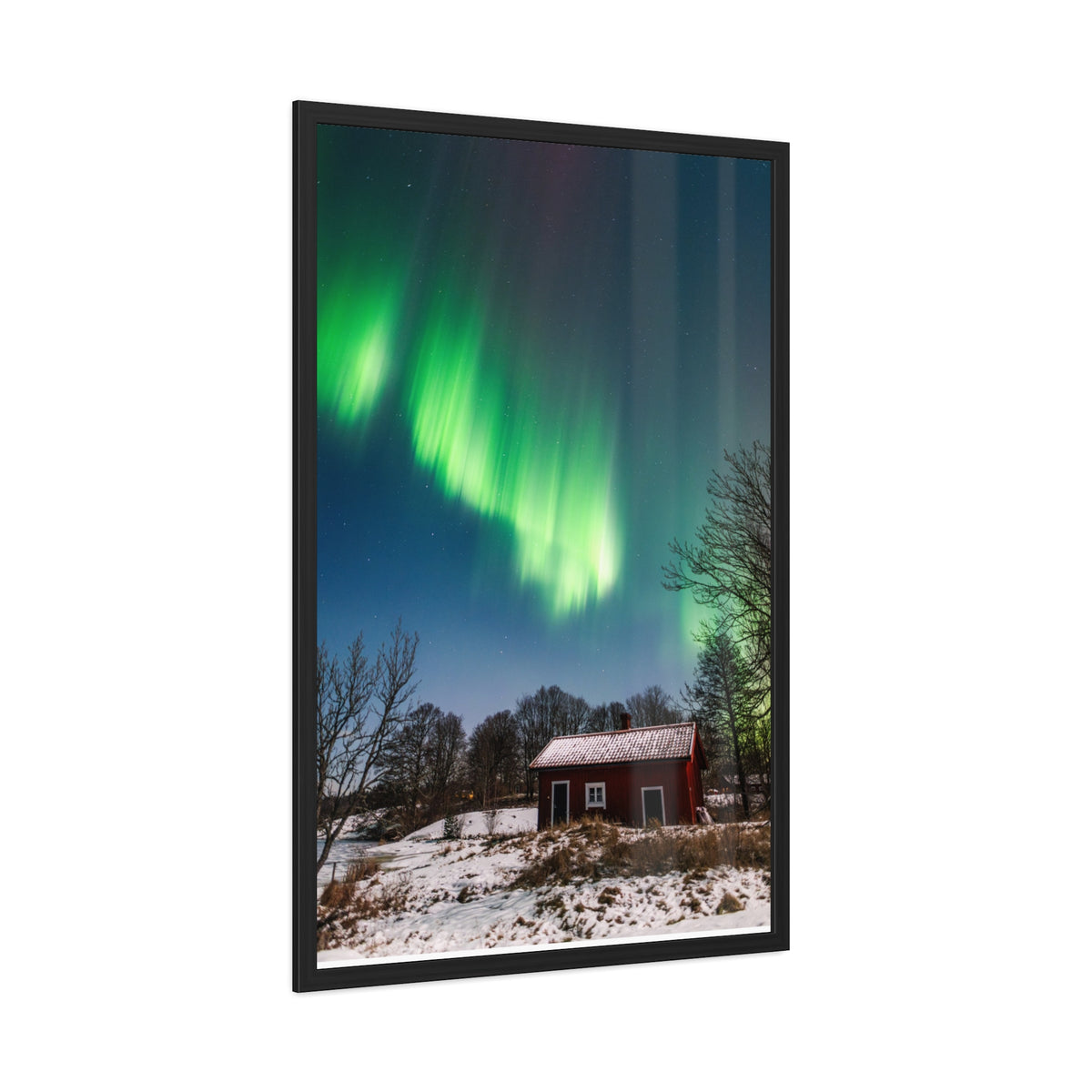 Framed Poster — Northern Lights Over Snowy Cabin Wall Art