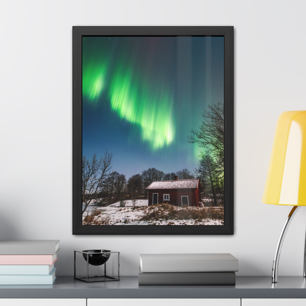 Framed Poster — Northern Lights Over Snowy Cabin Wall Art