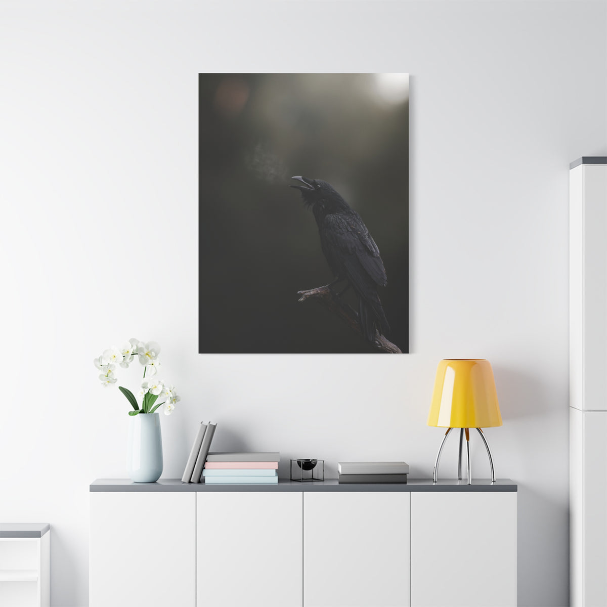 Raven Perched Matte Canvas Wall Art — Moody Dark Nature Photography