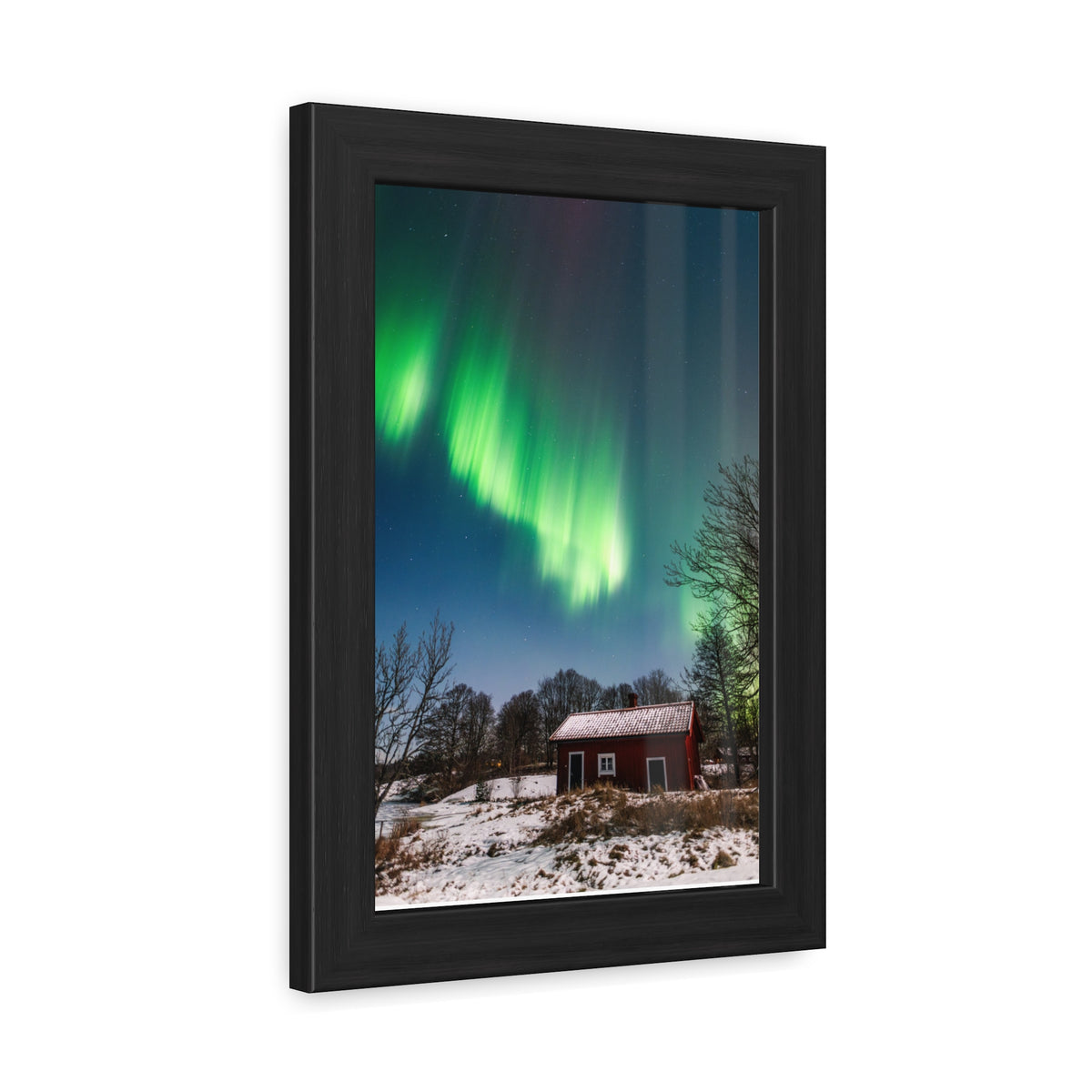 Framed Poster — Northern Lights Over Snowy Cabin Wall Art