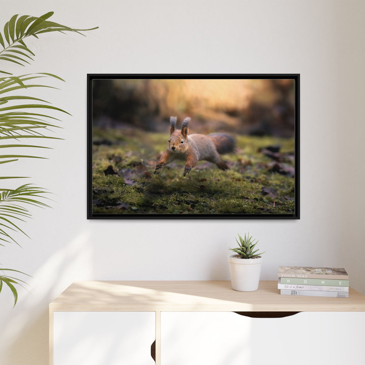 Framed Matte Canvas – Red Squirrel in Mossy Forest Wall Art