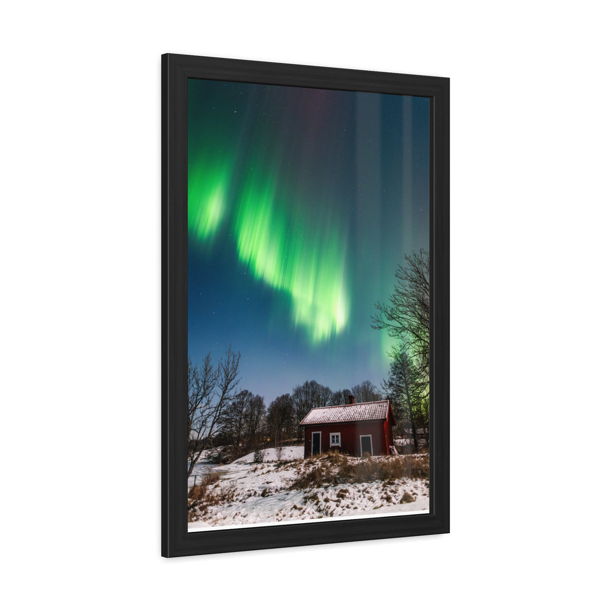 Framed Poster — Northern Lights Over Snowy Cabin Wall Art