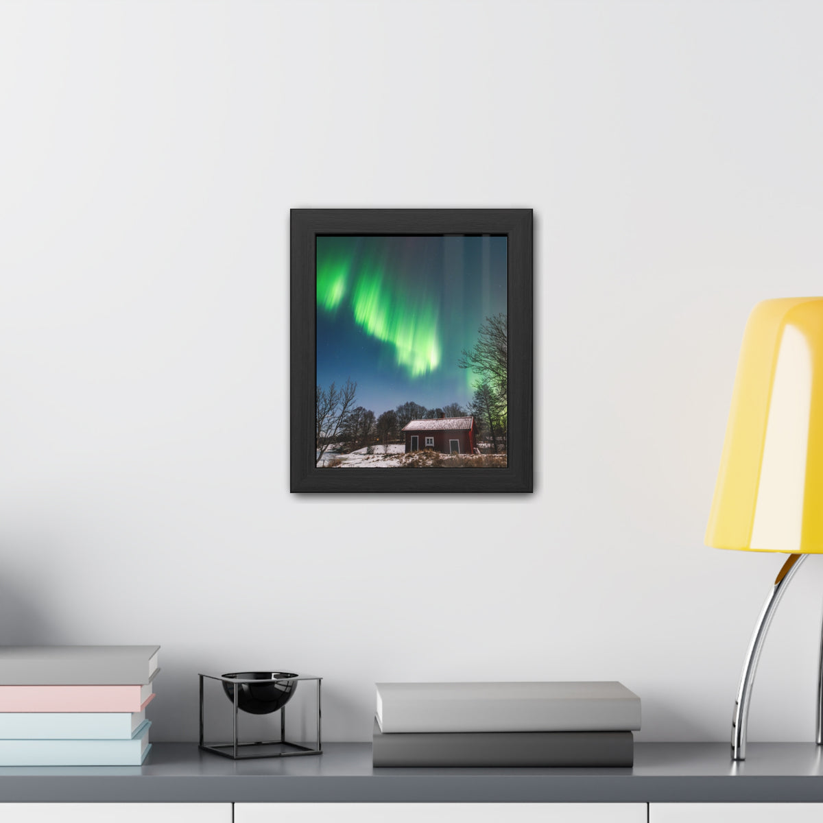 Framed Poster — Northern Lights Over Snowy Cabin Wall Art