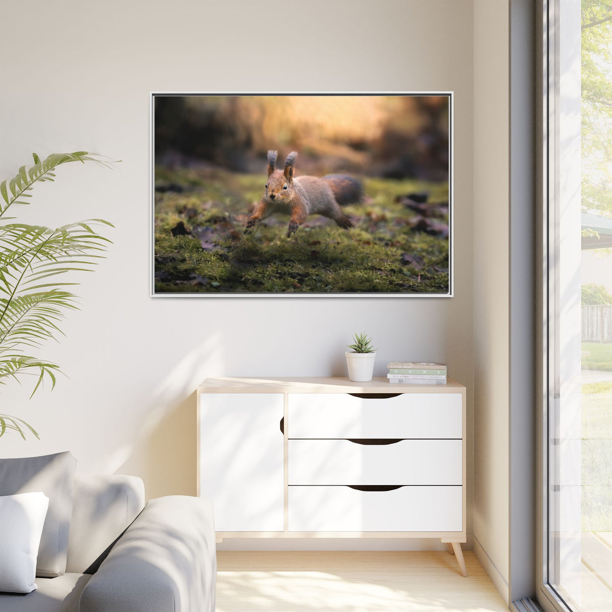 Framed Matte Canvas – Red Squirrel in Mossy Forest Wall Art