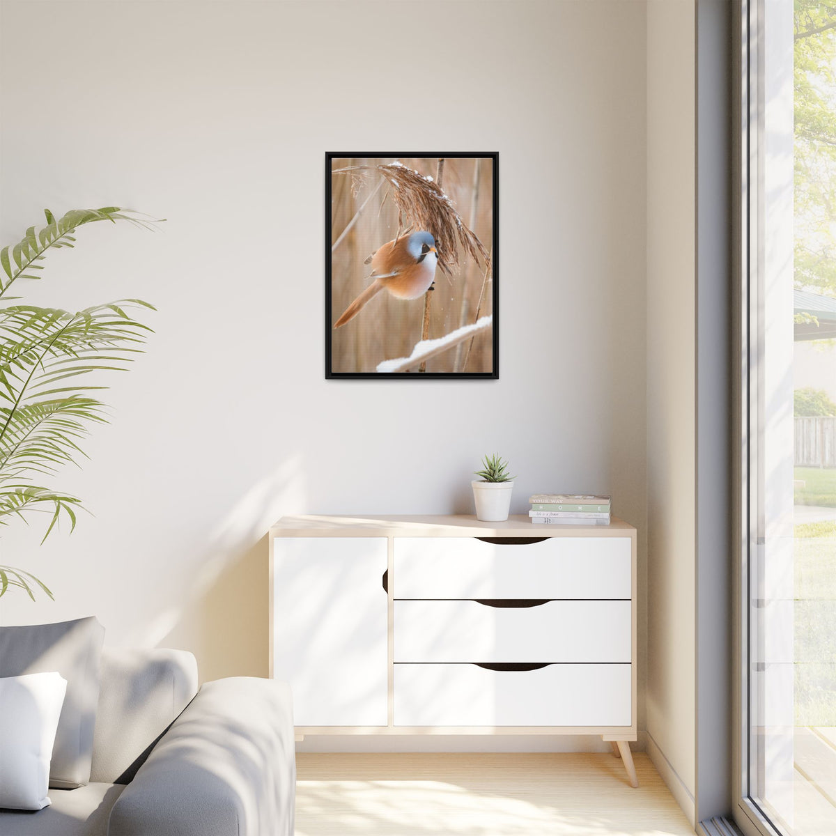 Framed Matte Canvas - Bearded Reedling Bird Photography (Winter Marsh)