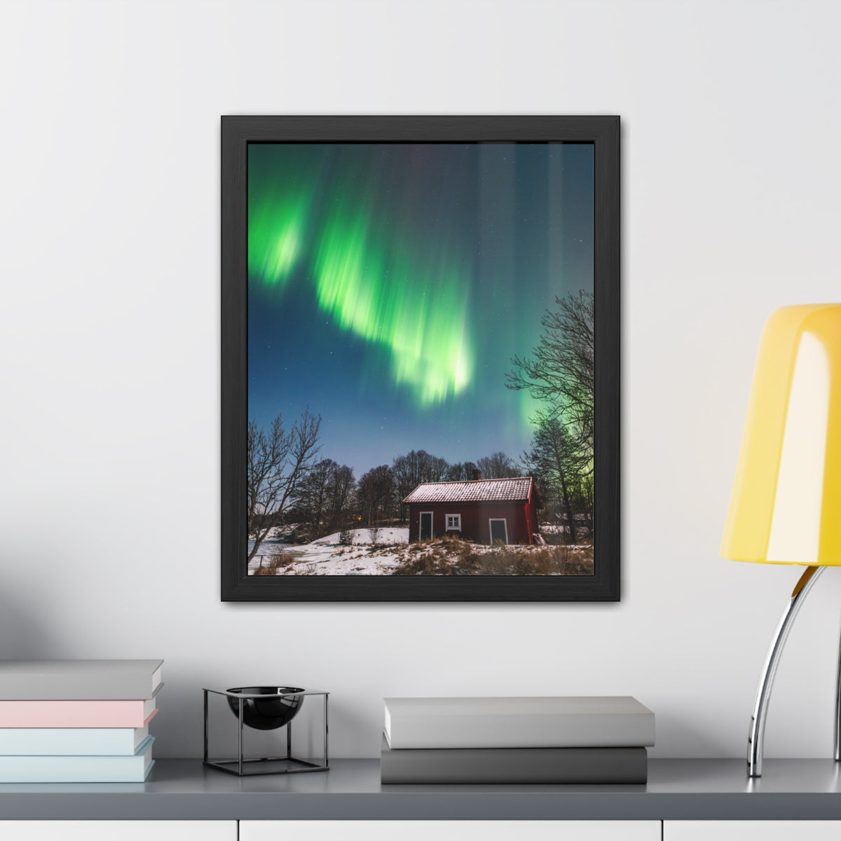 Framed Poster — Northern Lights Over Snowy Cabin Wall Art