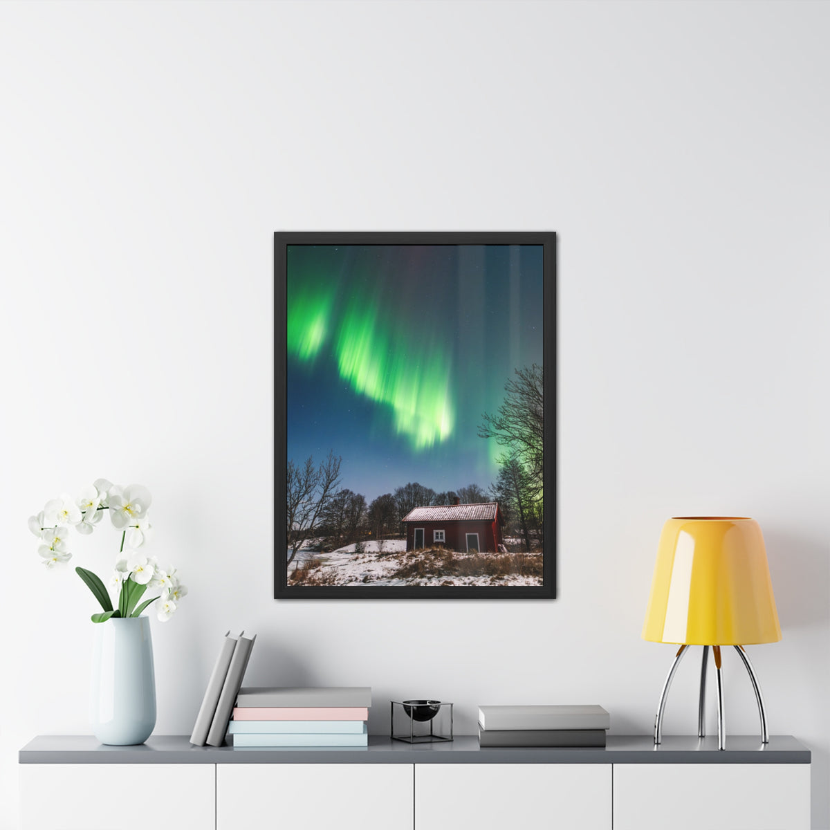 Framed Poster — Northern Lights Over Snowy Cabin Wall Art