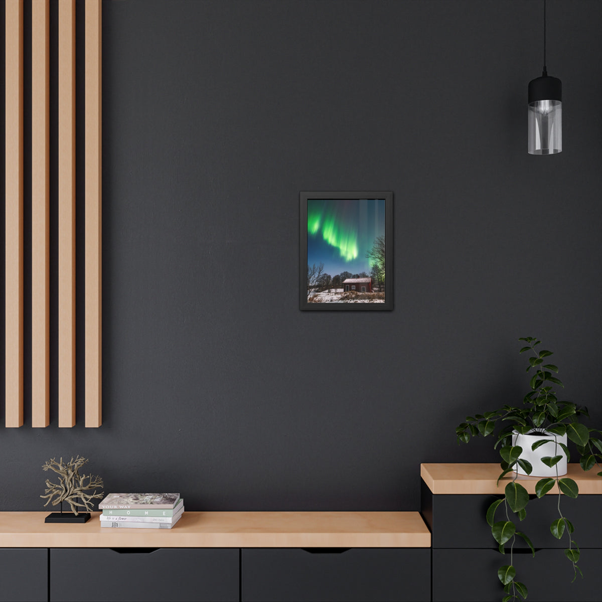 Framed Poster — Northern Lights Over Snowy Cabin Wall Art