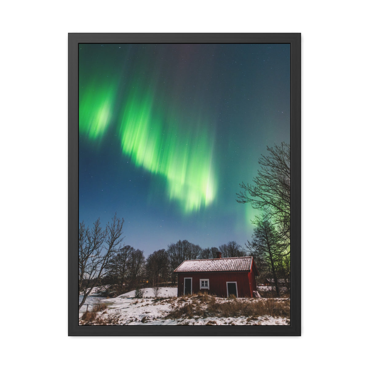 Framed Poster — Northern Lights Over Snowy Cabin Wall Art