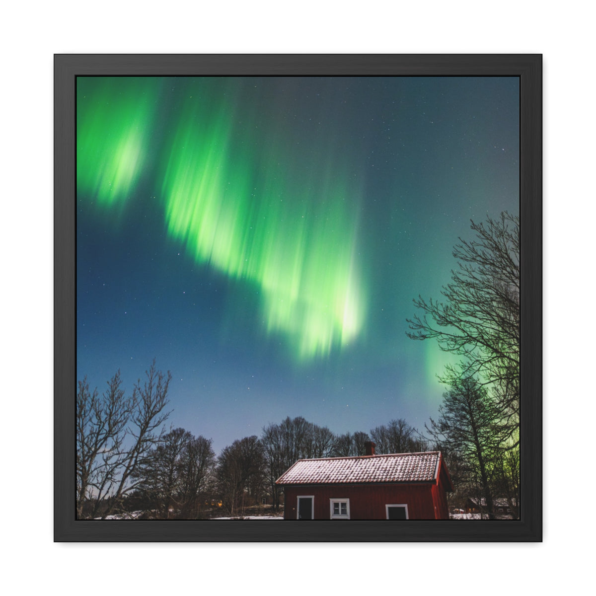 Framed Poster — Northern Lights Over Snowy Cabin Wall Art
