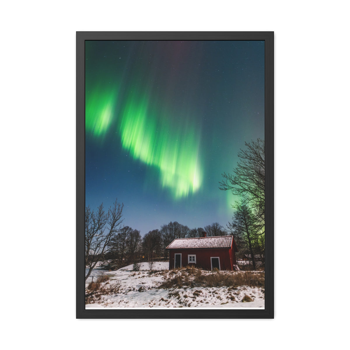 Framed Poster — Northern Lights Over Snowy Cabin Wall Art