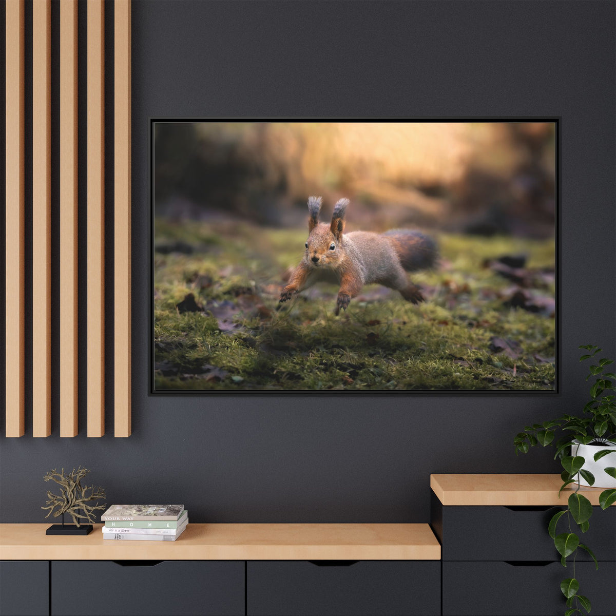 Framed Matte Canvas – Red Squirrel in Mossy Forest Wall Art