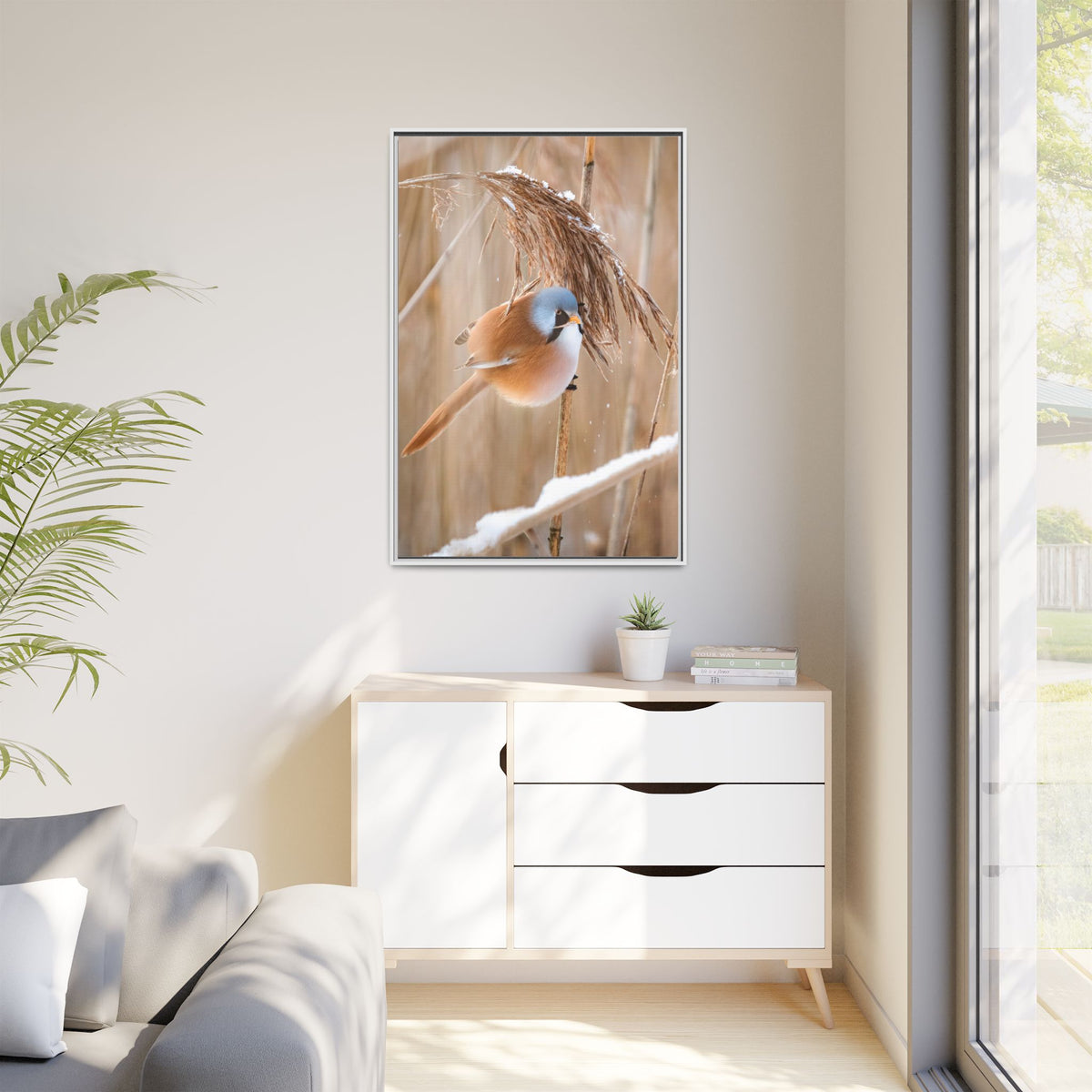 Framed Matte Canvas - Bearded Reedling Bird Photography (Winter Marsh)