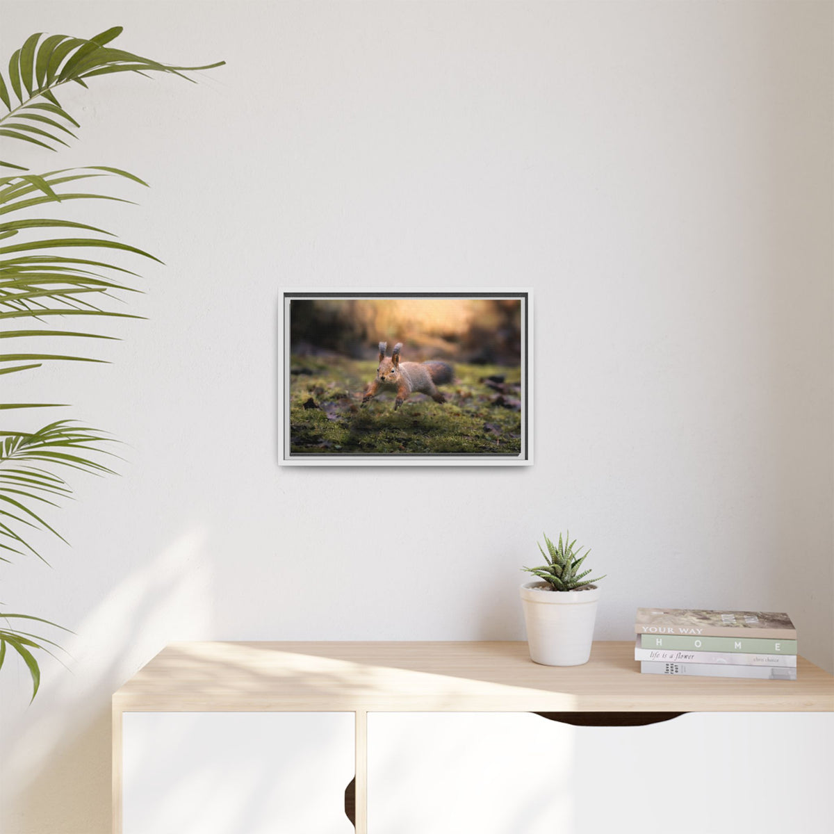 Framed Matte Canvas – Red Squirrel in Mossy Forest Wall Art