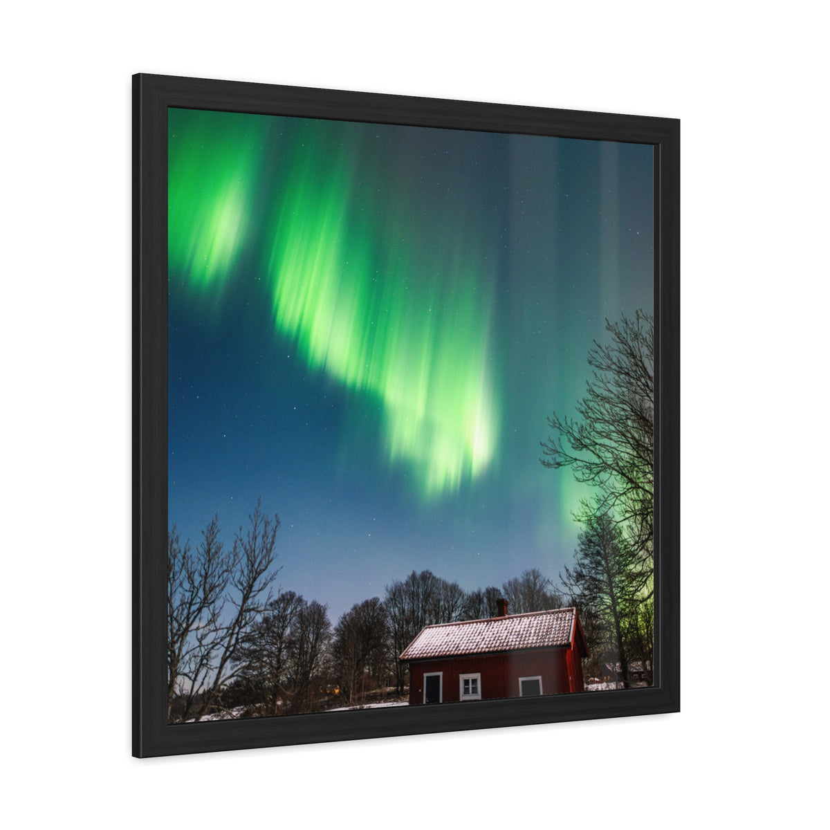 Framed Poster — Northern Lights Over Snowy Cabin Wall Art