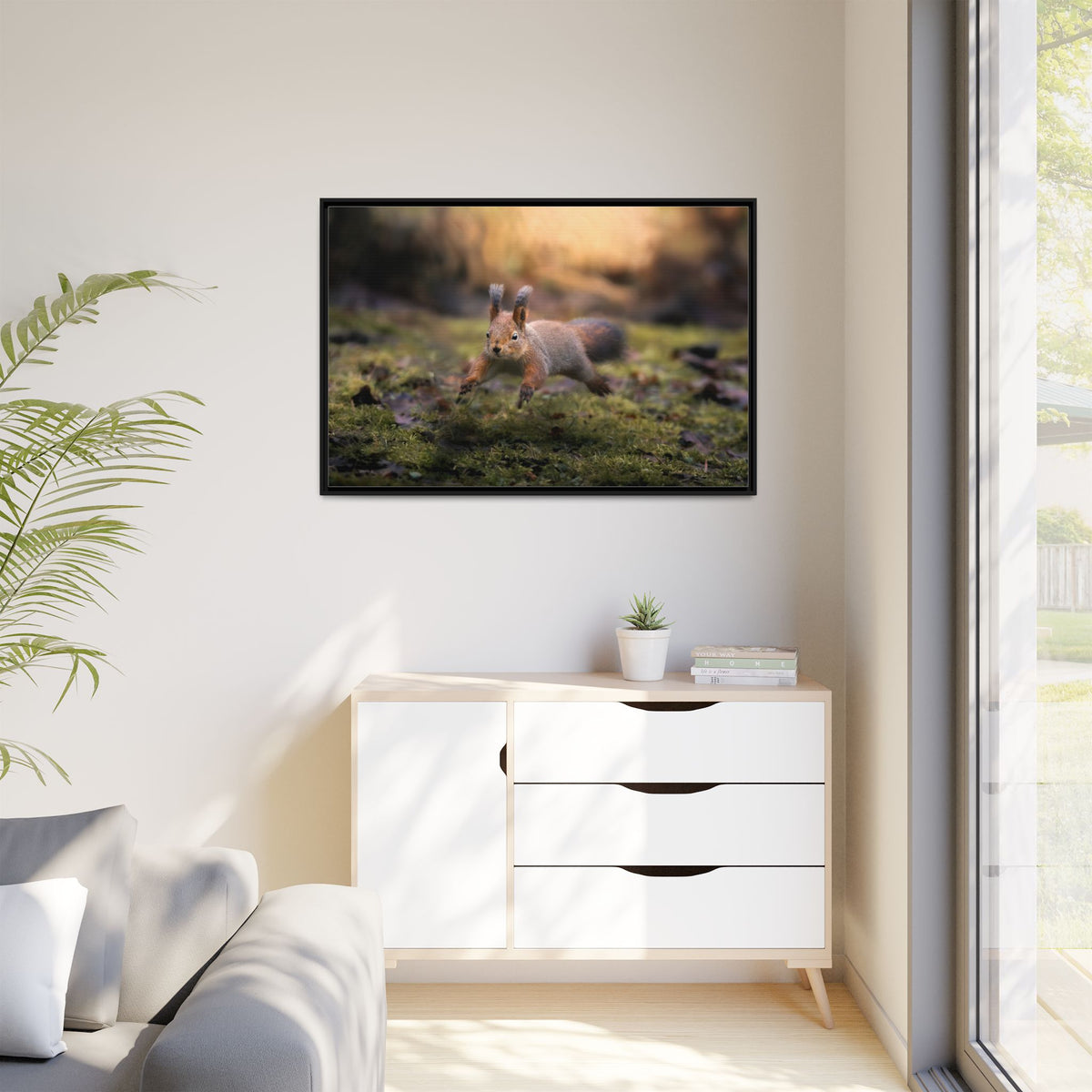 Framed Matte Canvas – Red Squirrel in Mossy Forest Wall Art