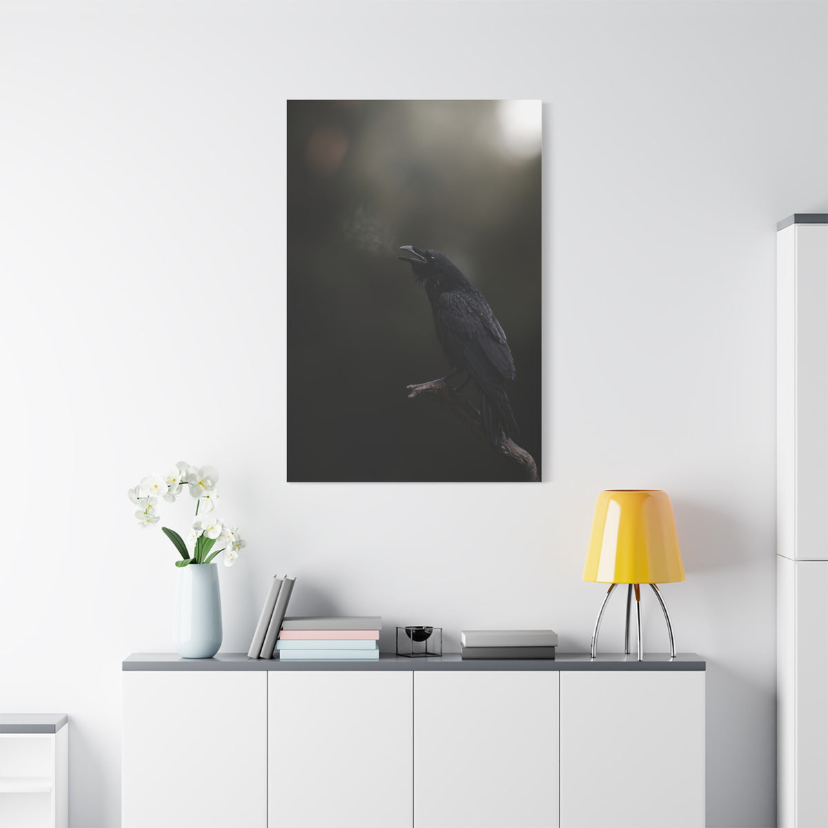 Raven Perched Matte Canvas Wall Art — Moody Dark Nature Photography