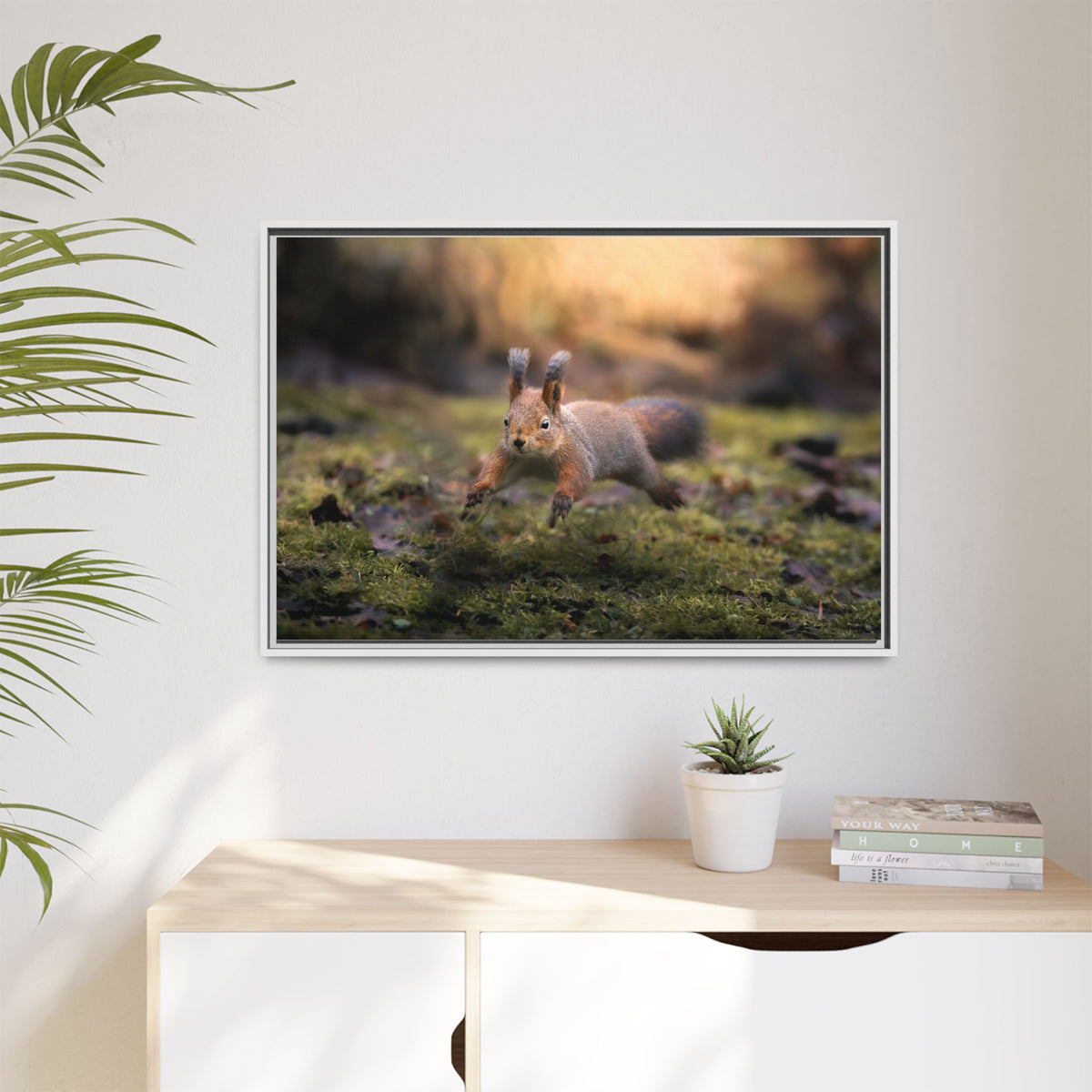 Framed Matte Canvas – Red Squirrel in Mossy Forest Wall Art