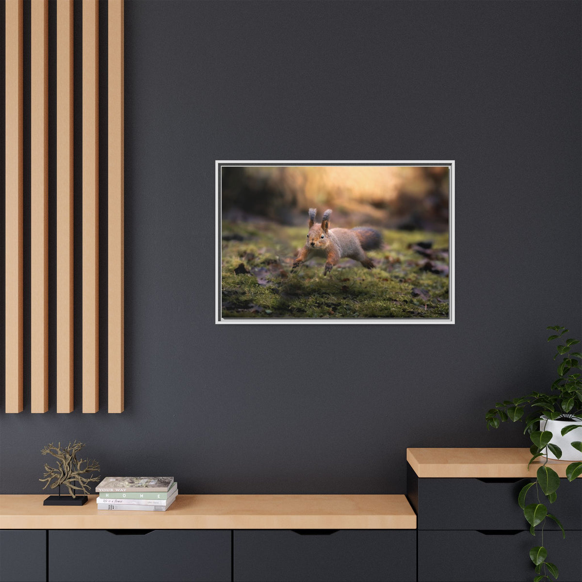 Framed Matte Canvas – Red Squirrel in Mossy Forest Wall Art