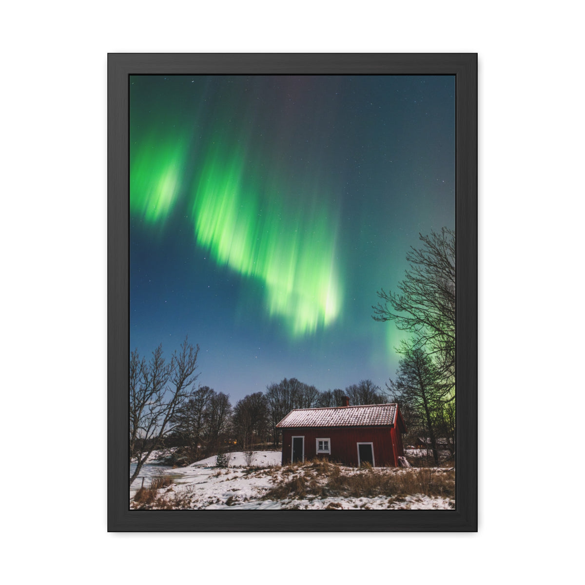 Framed Poster — Northern Lights Over Snowy Cabin Wall Art