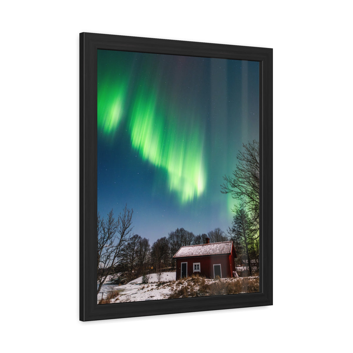 Framed Poster — Northern Lights Over Snowy Cabin Wall Art