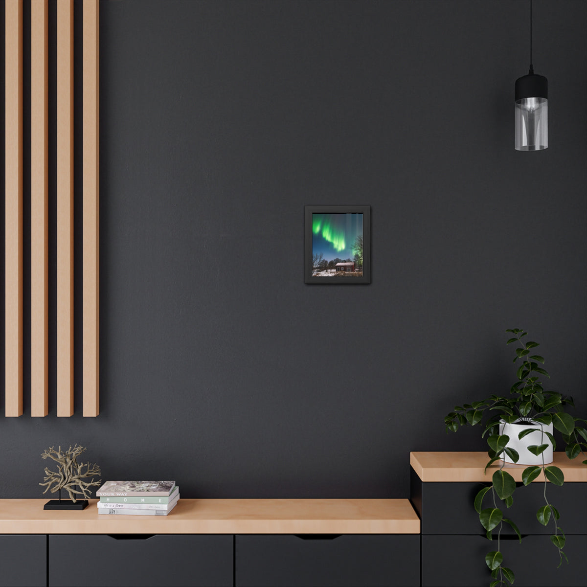 Framed Poster — Northern Lights Over Snowy Cabin Wall Art