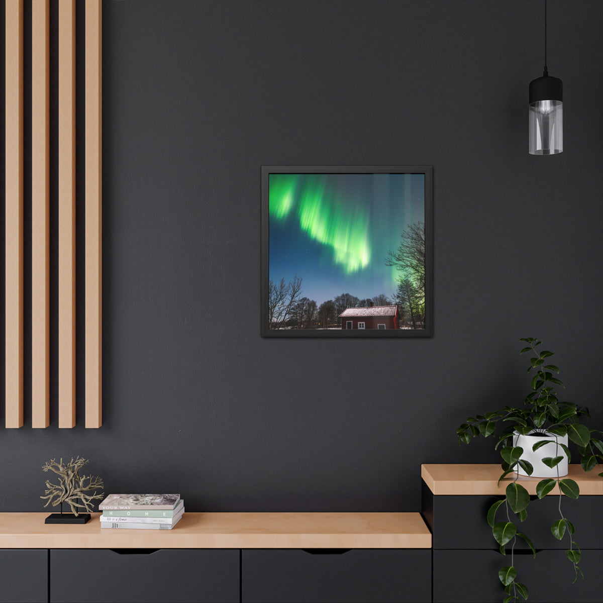 Framed Poster — Northern Lights Over Snowy Cabin Wall Art