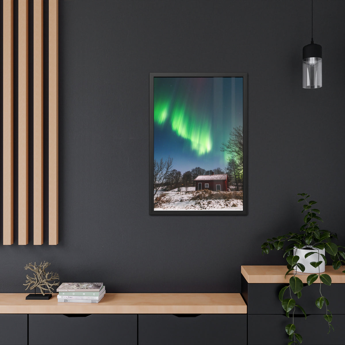 Framed Poster — Northern Lights Over Snowy Cabin Wall Art