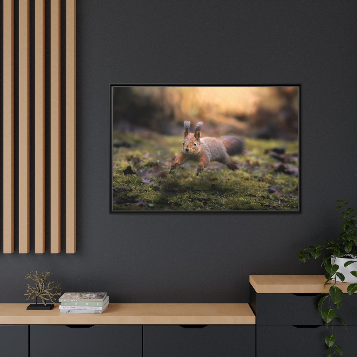 Framed Matte Canvas – Red Squirrel in Mossy Forest Wall Art
