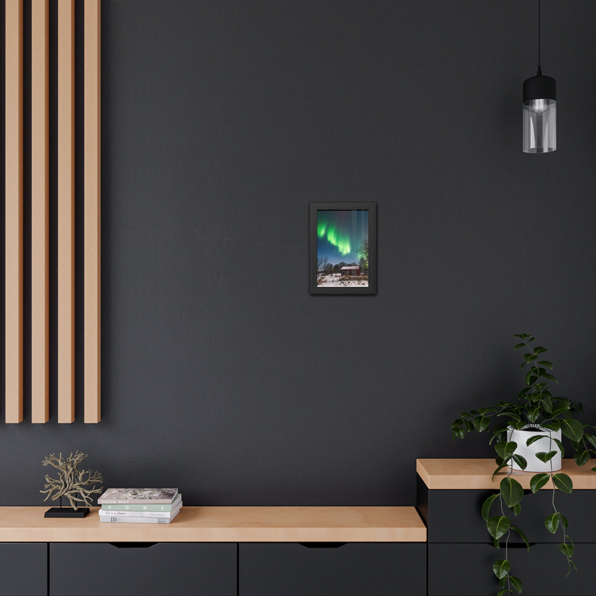 Framed Poster — Northern Lights Over Snowy Cabin Wall Art