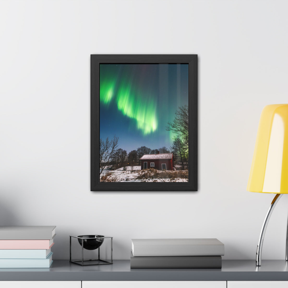 Framed Poster — Northern Lights Over Snowy Cabin Wall Art