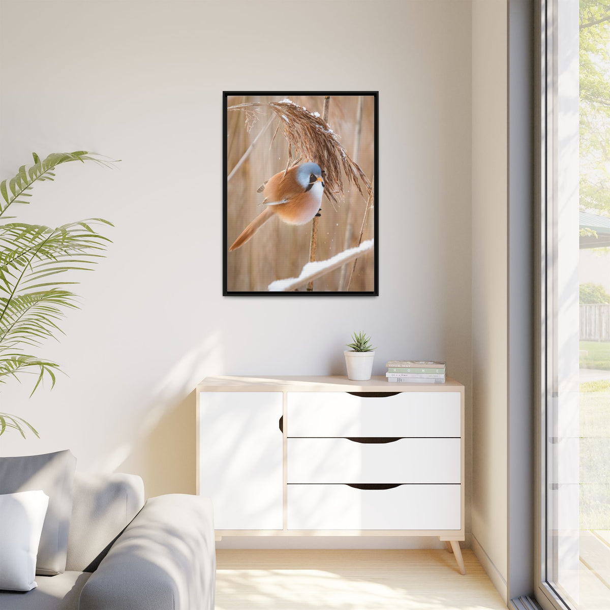 Framed Matte Canvas - Bearded Reedling Bird Photography (Winter Marsh)