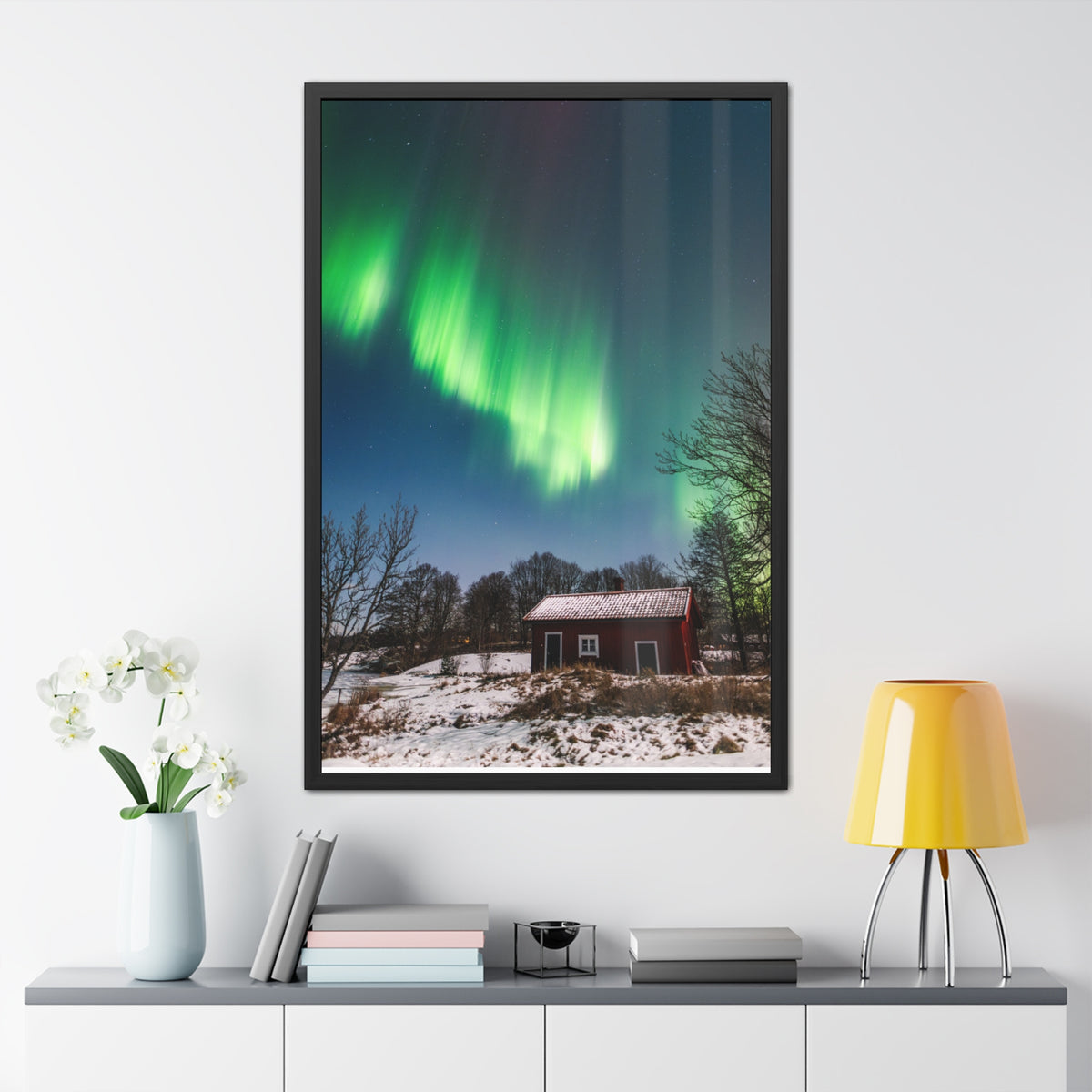 Framed Poster — Northern Lights Over Snowy Cabin Wall Art
