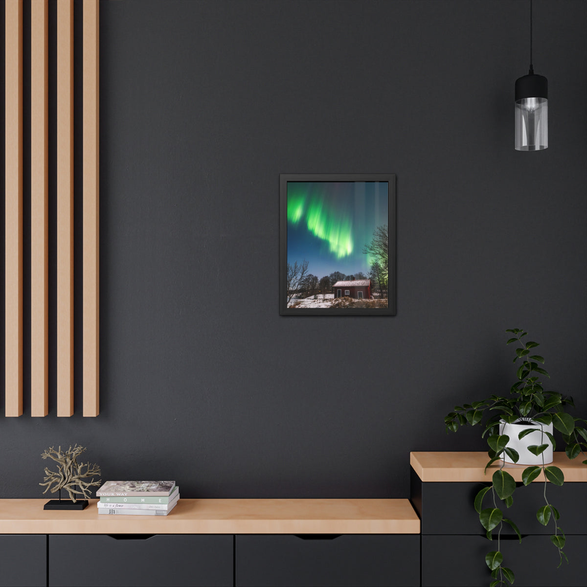 Framed Poster — Northern Lights Over Snowy Cabin Wall Art