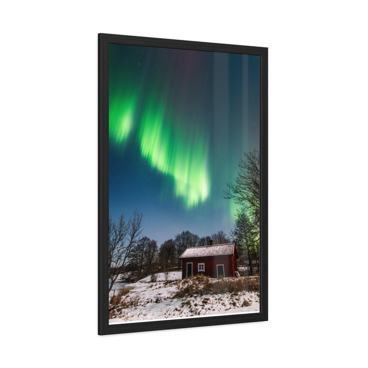 Framed Poster — Northern Lights Over Snowy Cabin Wall Art