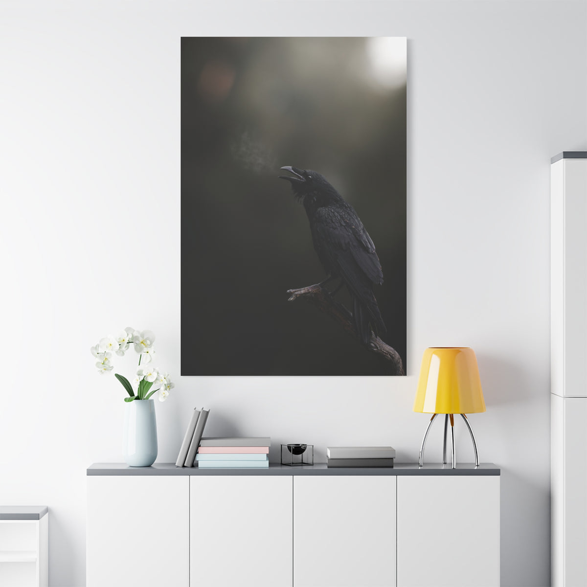Raven Perched Matte Canvas Wall Art — Moody Dark Nature Photography