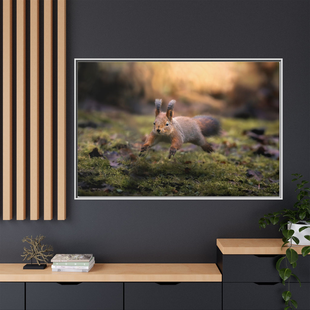 Framed Matte Canvas – Red Squirrel in Mossy Forest Wall Art
