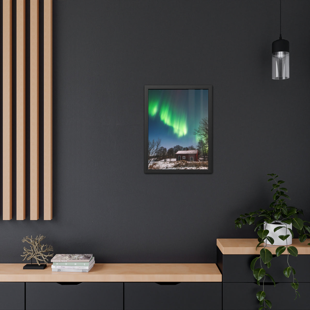 Framed Poster — Northern Lights Over Snowy Cabin Wall Art