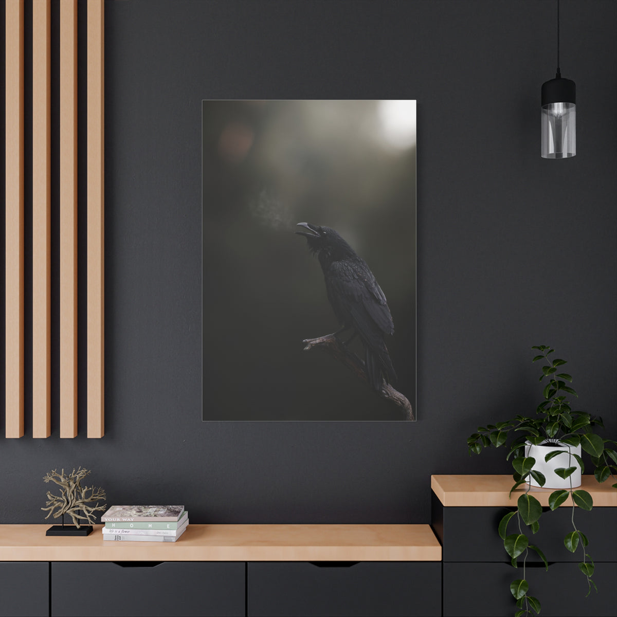 Raven Perched Matte Canvas Wall Art — Moody Dark Nature Photography