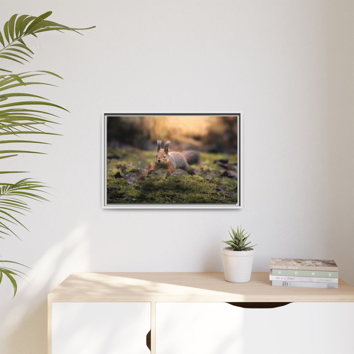Framed Matte Canvas – Red Squirrel in Mossy Forest Wall Art