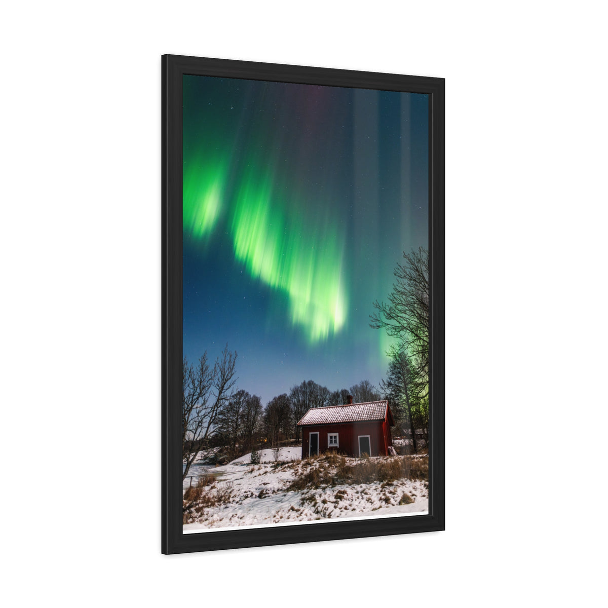 Framed Poster — Northern Lights Over Snowy Cabin Wall Art