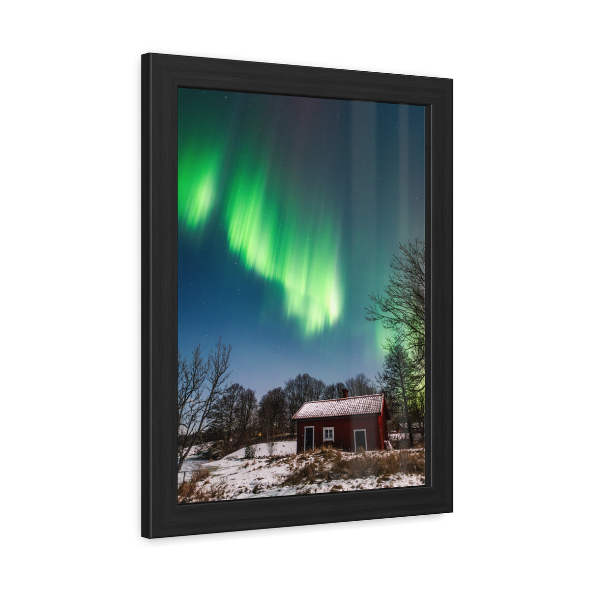 Framed Poster — Northern Lights Over Snowy Cabin Wall Art