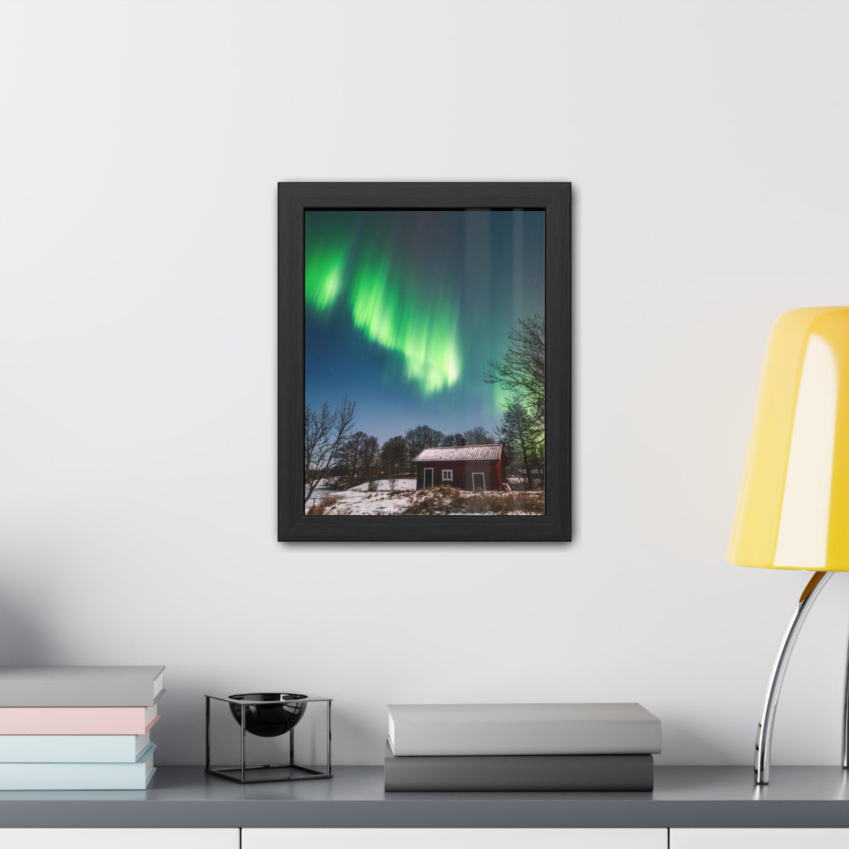 Framed Poster — Northern Lights Over Snowy Cabin Wall Art