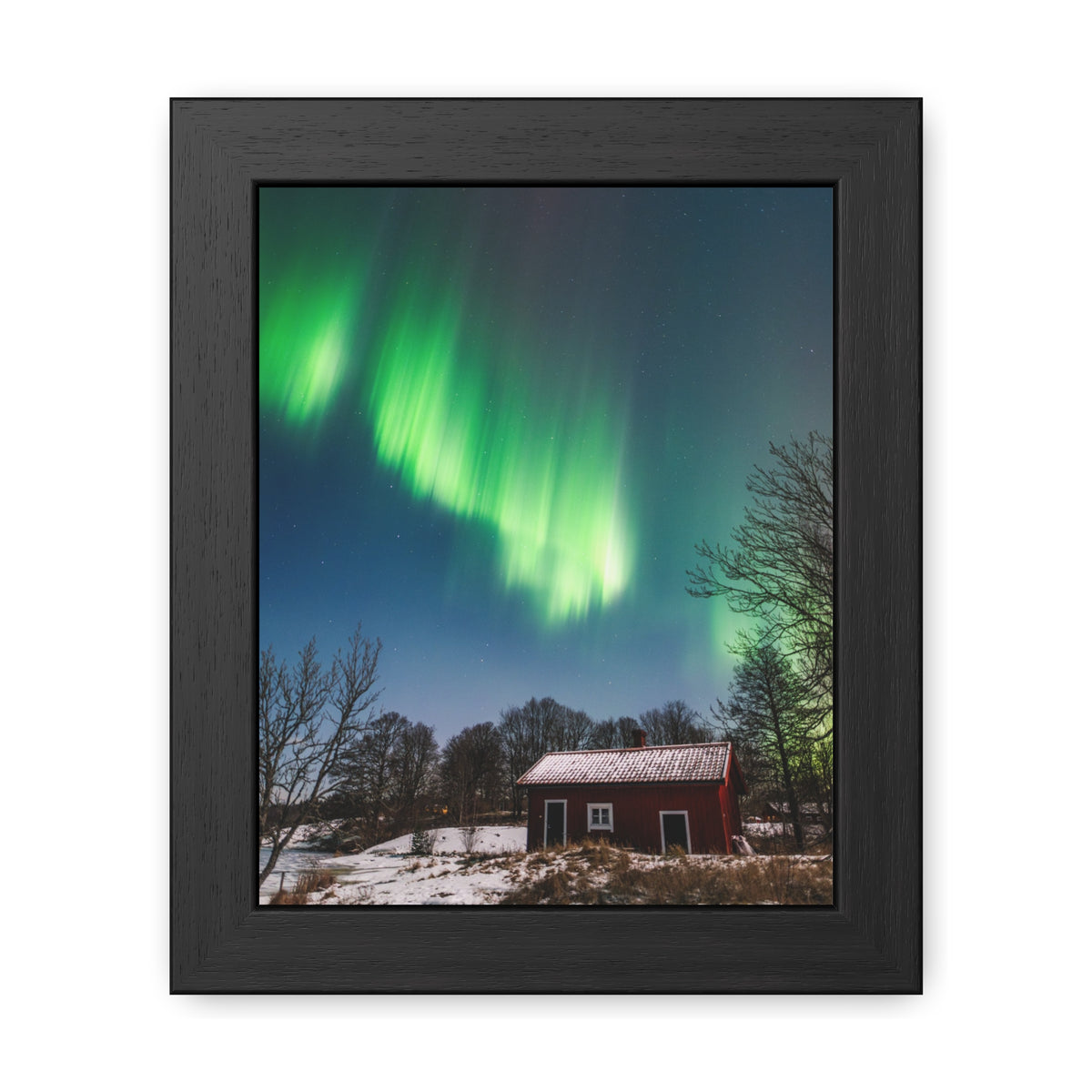 Framed Poster — Northern Lights Over Snowy Cabin Wall Art