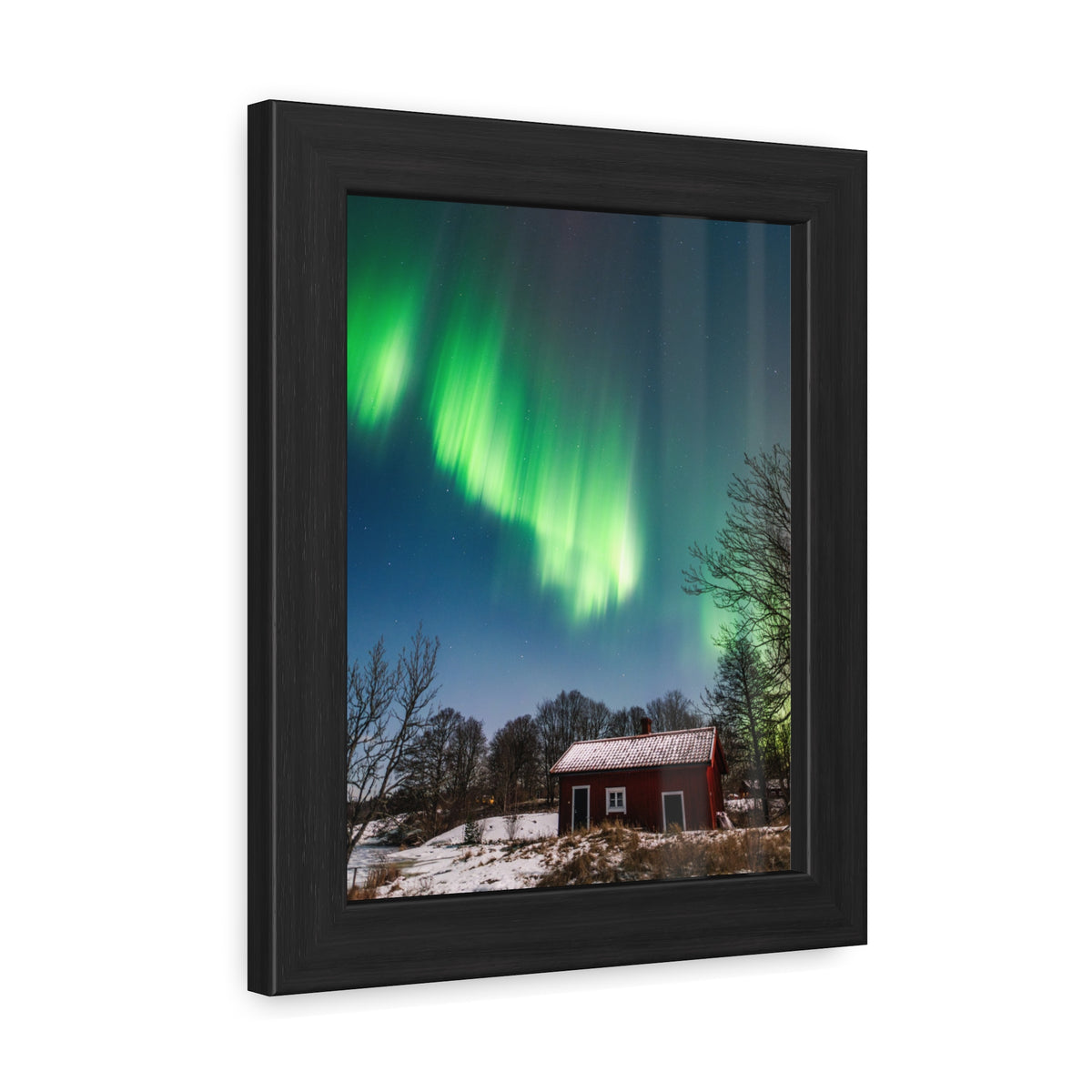 Framed Poster — Northern Lights Over Snowy Cabin Wall Art
